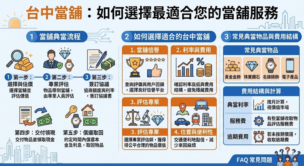 如果您需要短期資金周轉或處理不再使用的貴重物品，台中當舖提供了方便快速的解決方案。選擇適合的台中當舖可以讓您輕鬆獲得現金，並且不需要繁瑣的審核過程。本篇文章介紹了台中當舖的服務類型、如何挑選適合的當舖以及相關的費用結構，幫助您做出最明智的選擇，解決急需資金的問題。
